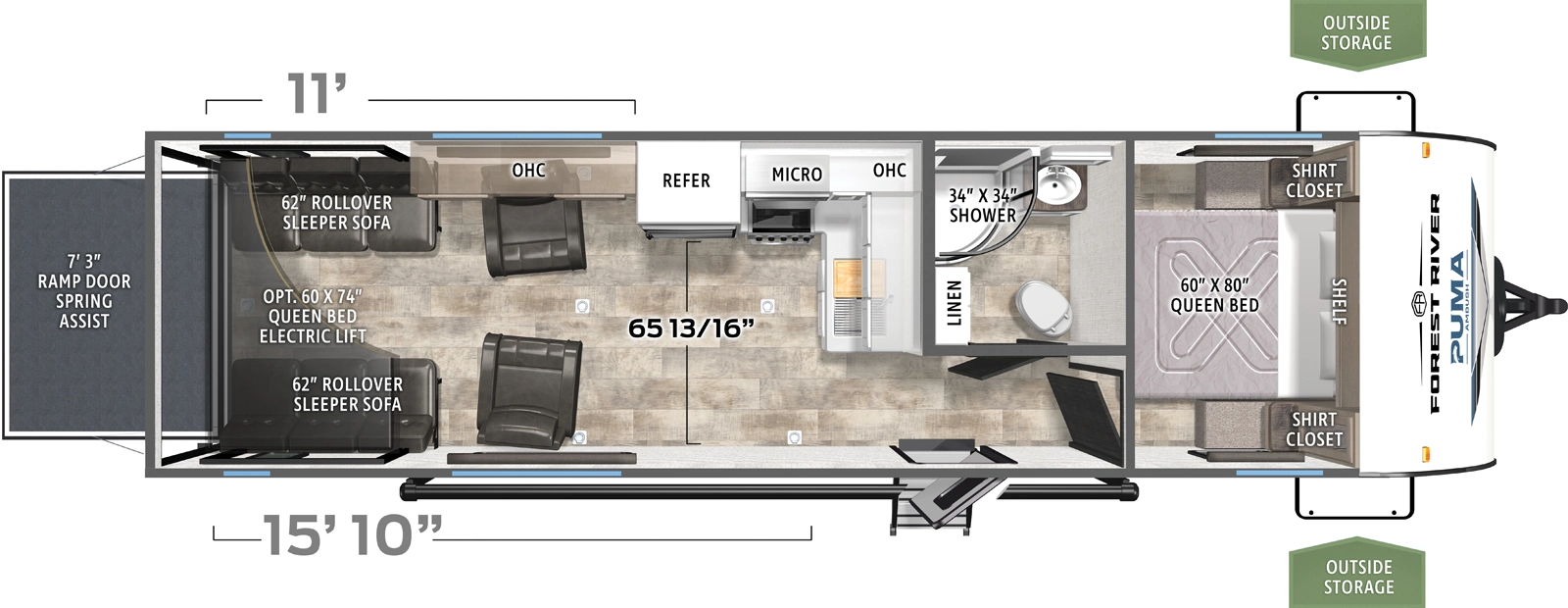 The Puma Unleashed 27TH floorplan is a toy hauler that has one entry and zero slide outs. Exterior features include: metal exterior and 19' awning. Interiors features include: front bedroom.